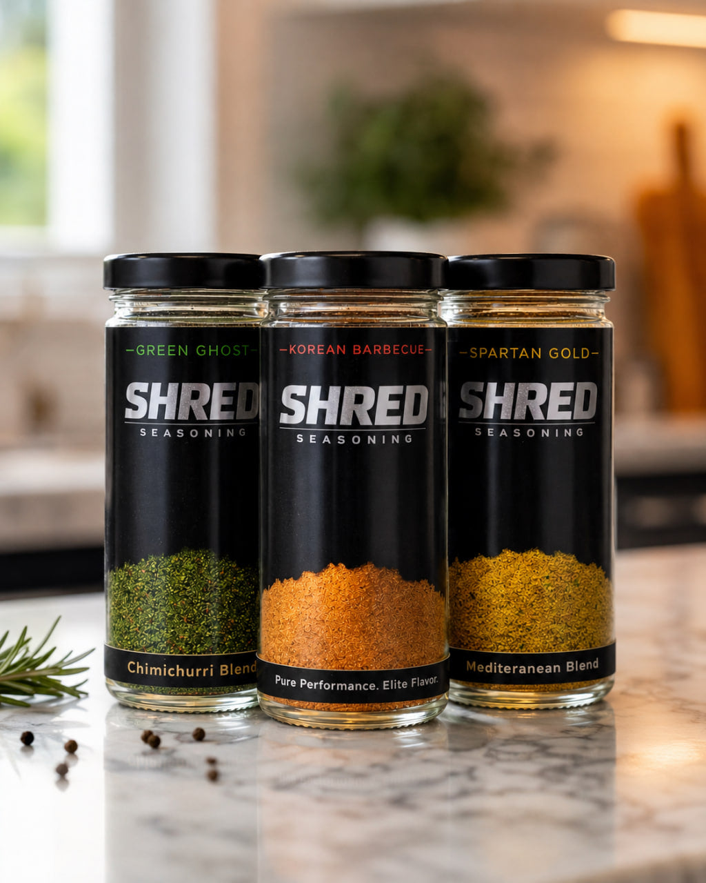 Shred Seasoning Vitality Pack: three jars on white marble kitchen surface