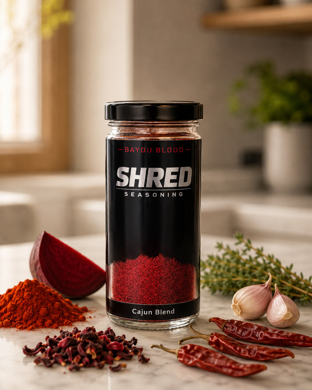 Shred Seasoning Bayou Blood jar with Cajun ingredients on white marble