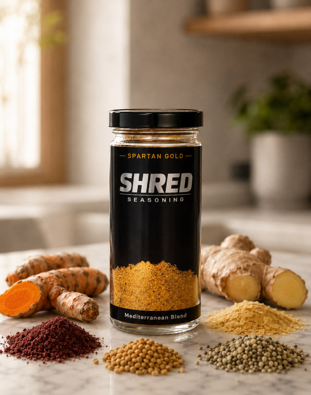 Shred Seasoning Spartan Gold jar with Mediterranean functional ingredients on white marble