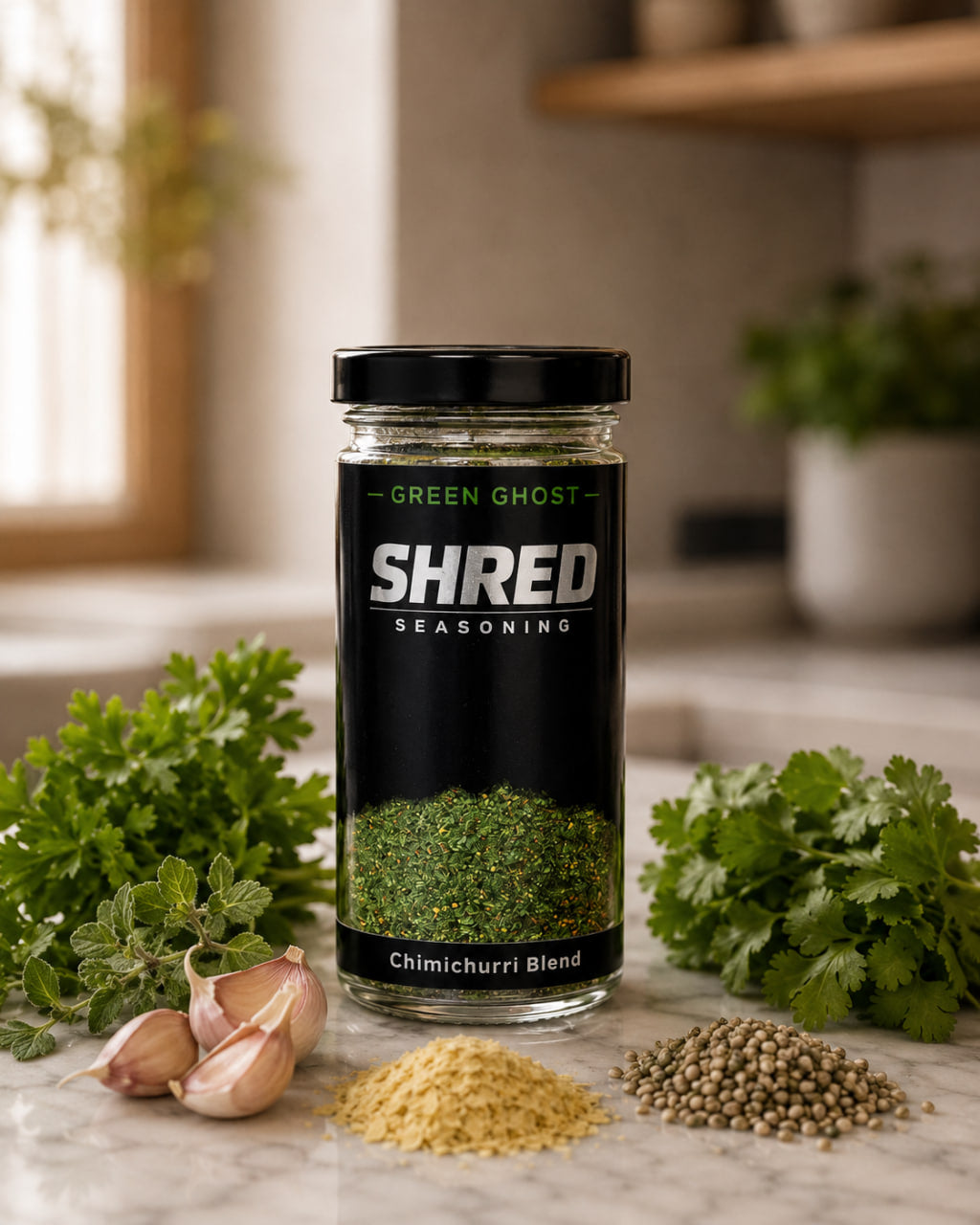 Shred Seasoning Green Ghost jar with chimichurri ingredients on white marble