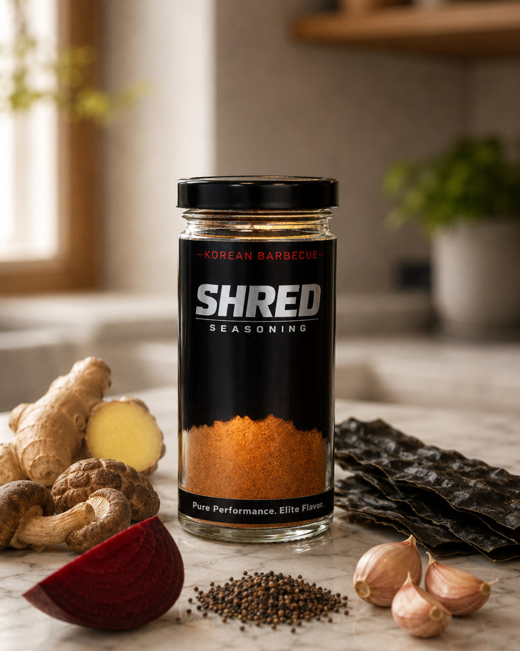 Shred Seasoning Korean Barbecue jar with functional ingredients on white marble